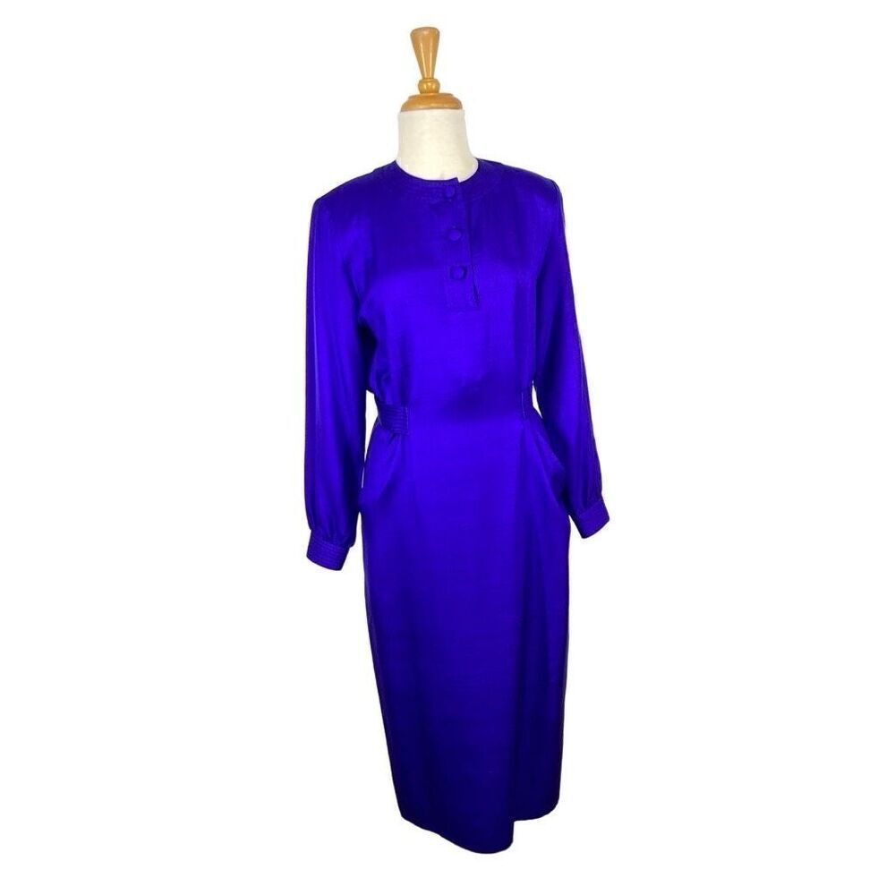 MBR International 6 S Cobalt Blue Silk Dress 1980s Does 1940s Volup VTG  Midi
